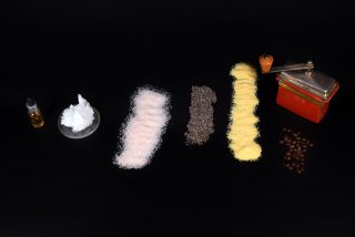 Ingredients for making natural cosmetics polenta chia coffee salt coconut oil