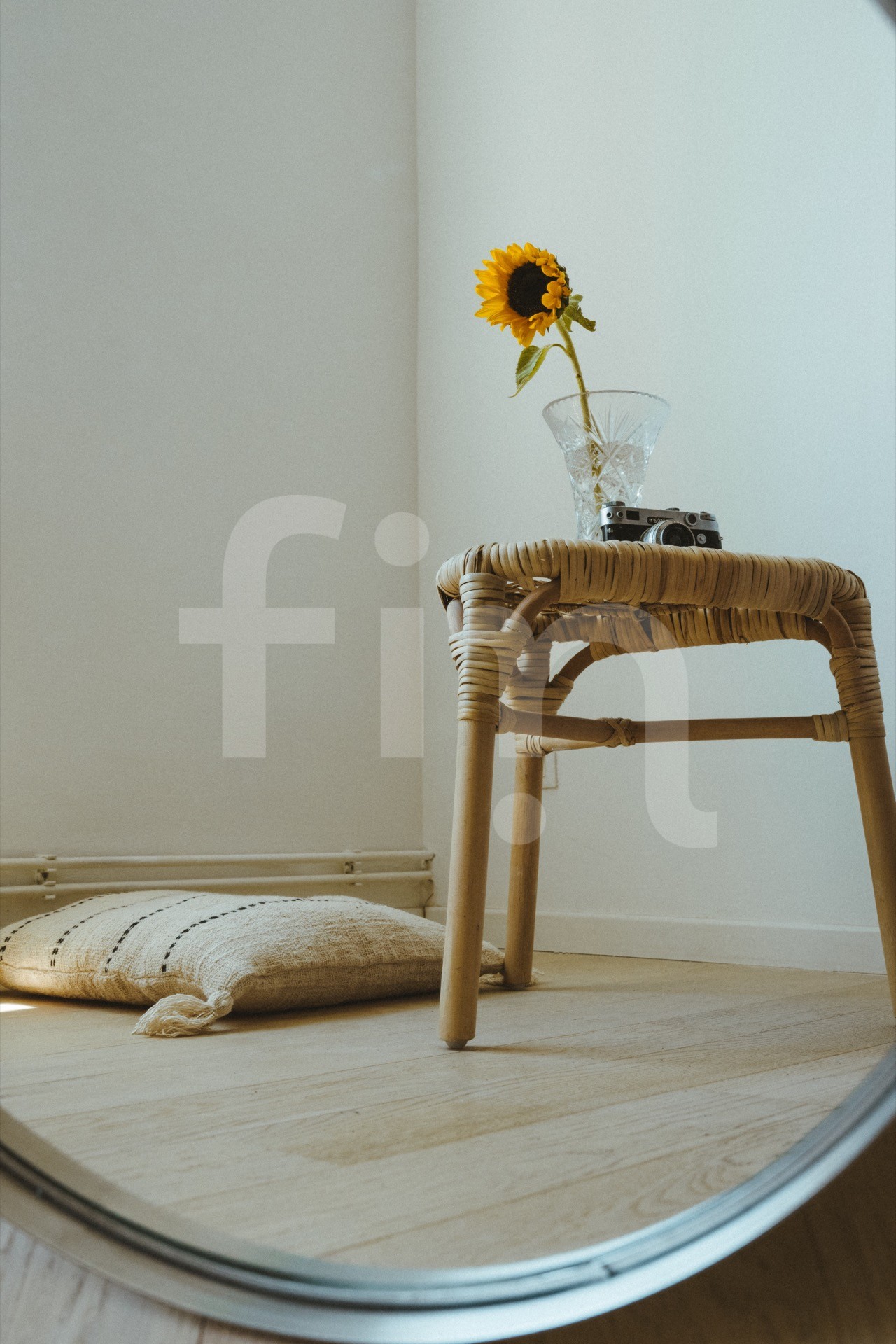 Interior home decor sunflower on chair and pillow on floor mirror reflection