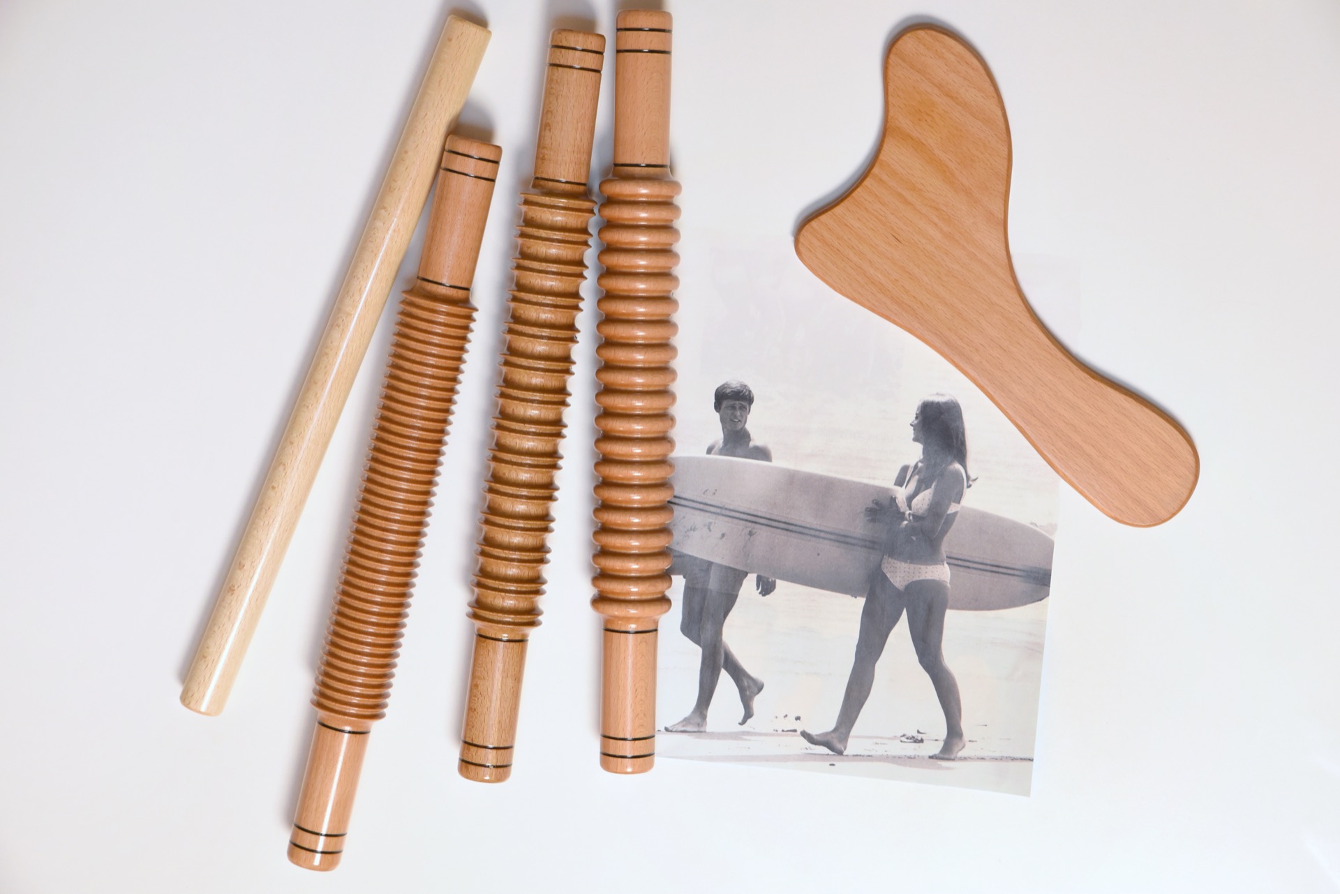 Maderotherapy rollers with summer picture on white background