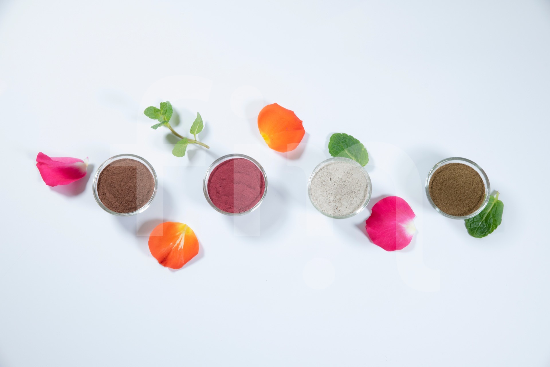 Pollen clay natural cosmetics with flower petals on a white background
